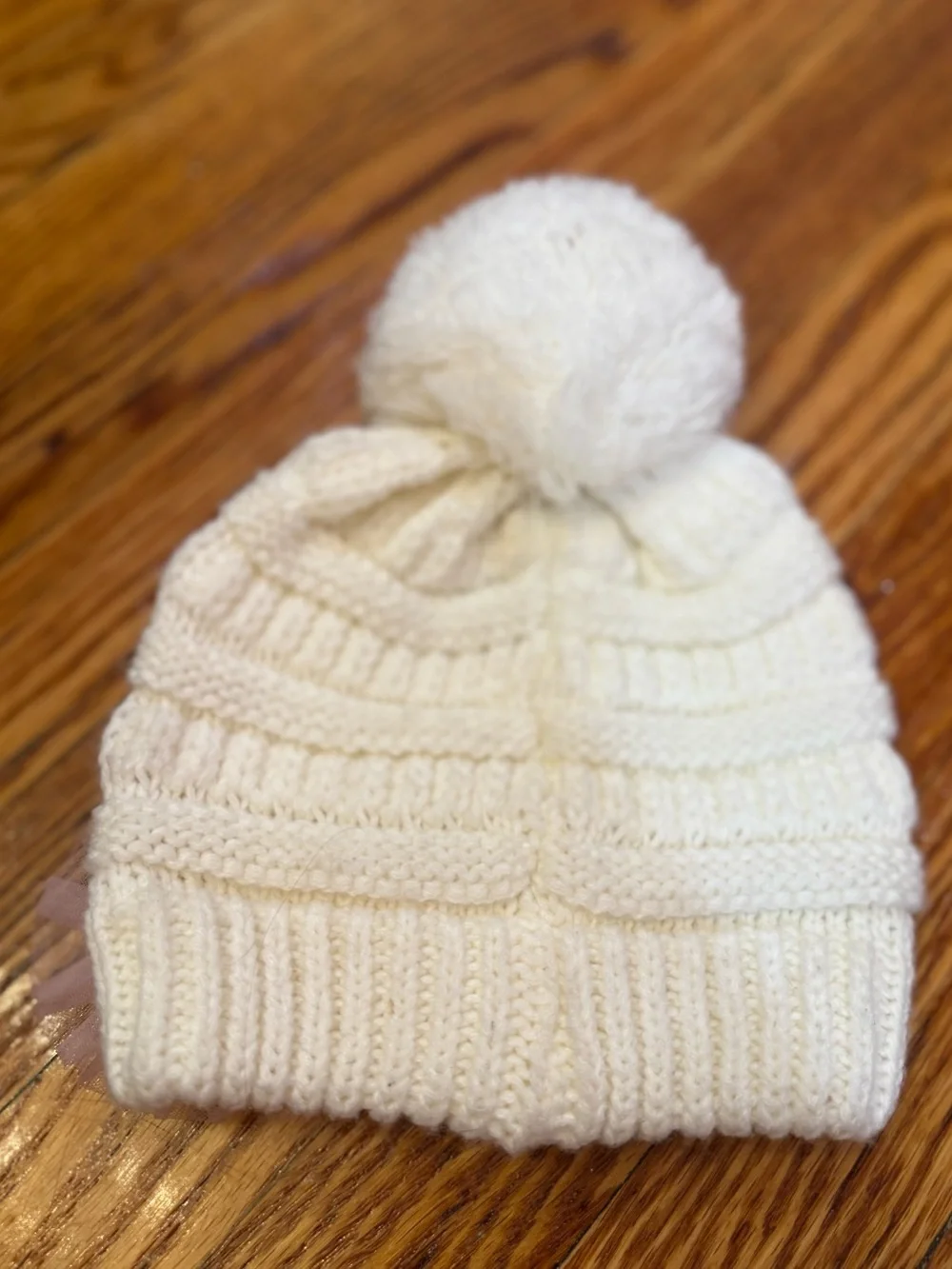 Kids Cream Knit Pom Pom Hat with Pink Floral Appliqués